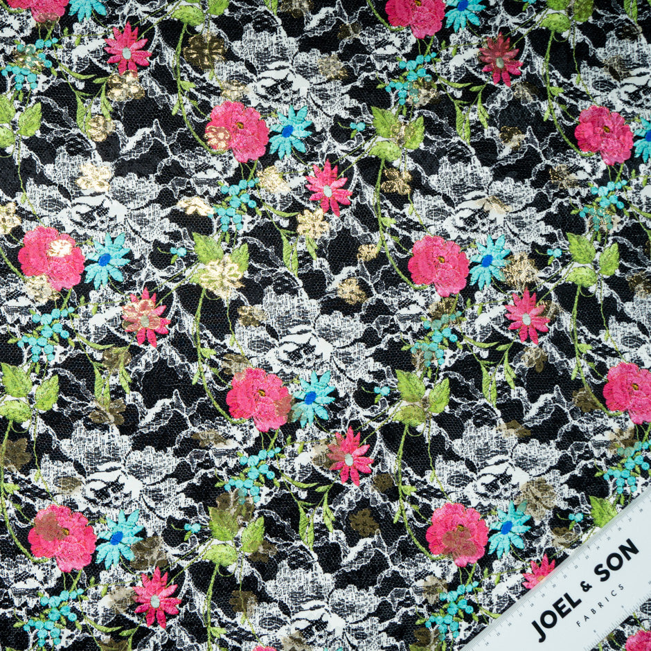 Multi Floral & Lace Printed Black Silk Metallic Jacquard