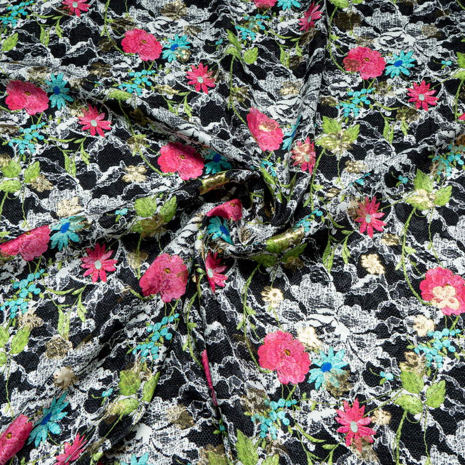 Multi Floral & Lace Printed Black Silk Metallic Jacquard