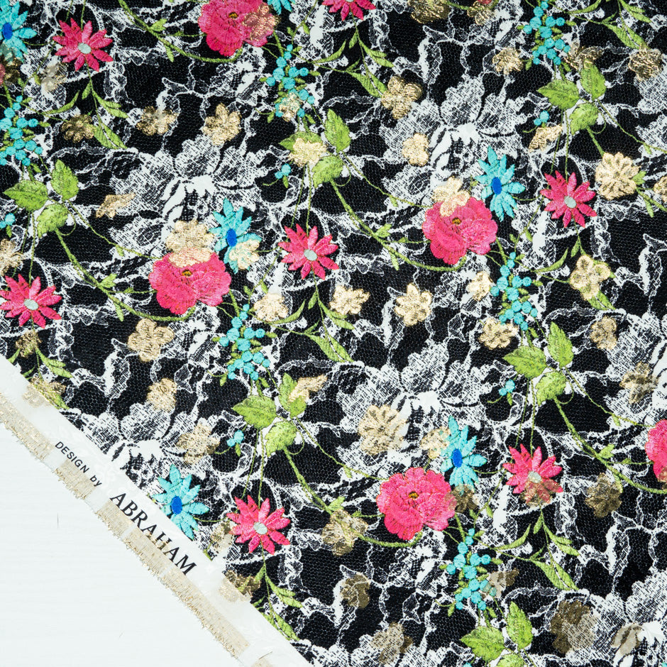 Multi Floral & Lace Printed Black Silk Metallic Jacquard