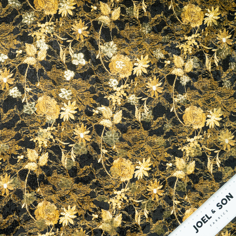 Gold Floral & Lace Printed Black Silk Metallic Jacquard