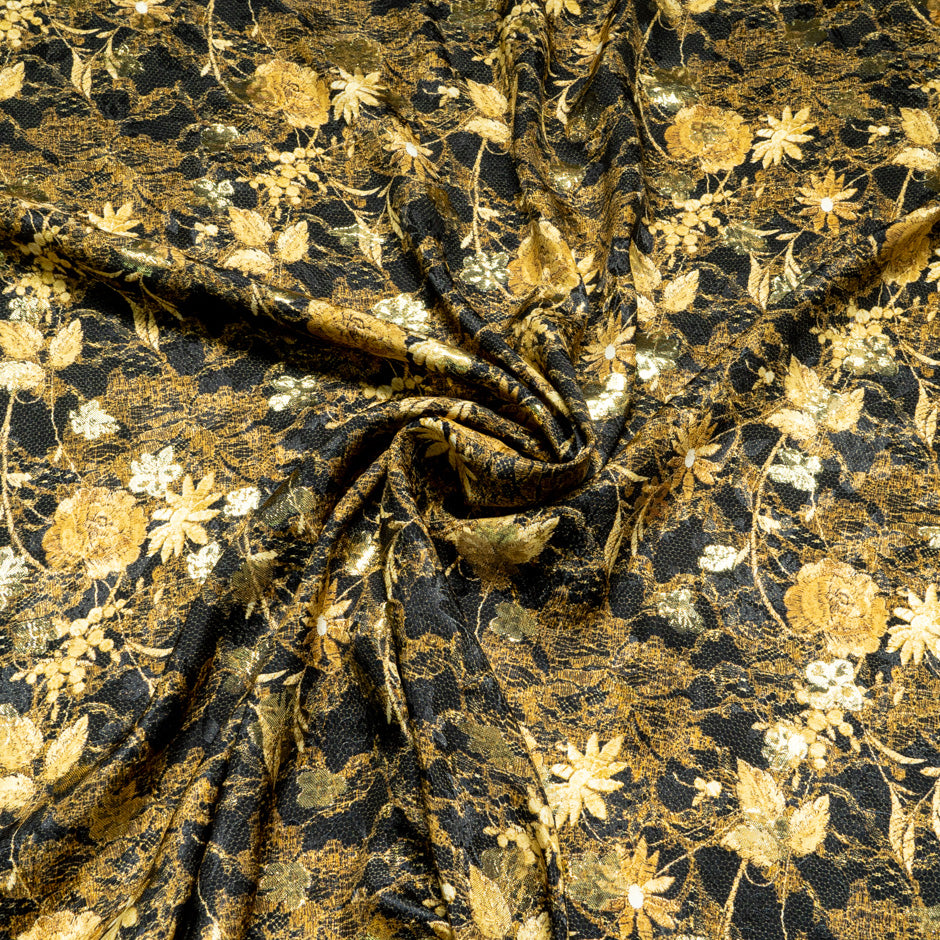 Gold Floral & Lace Printed Black Silk Metallic Jacquard