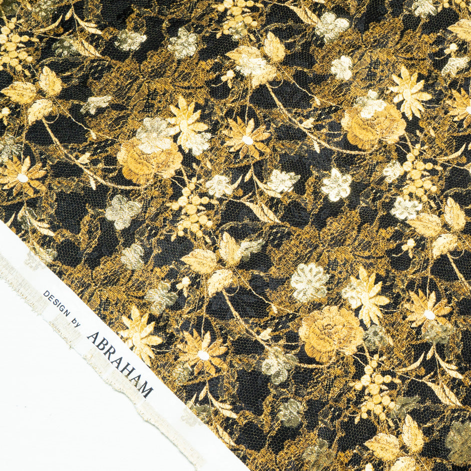 Gold Floral & Lace Printed Black Silk Metallic Jacquard