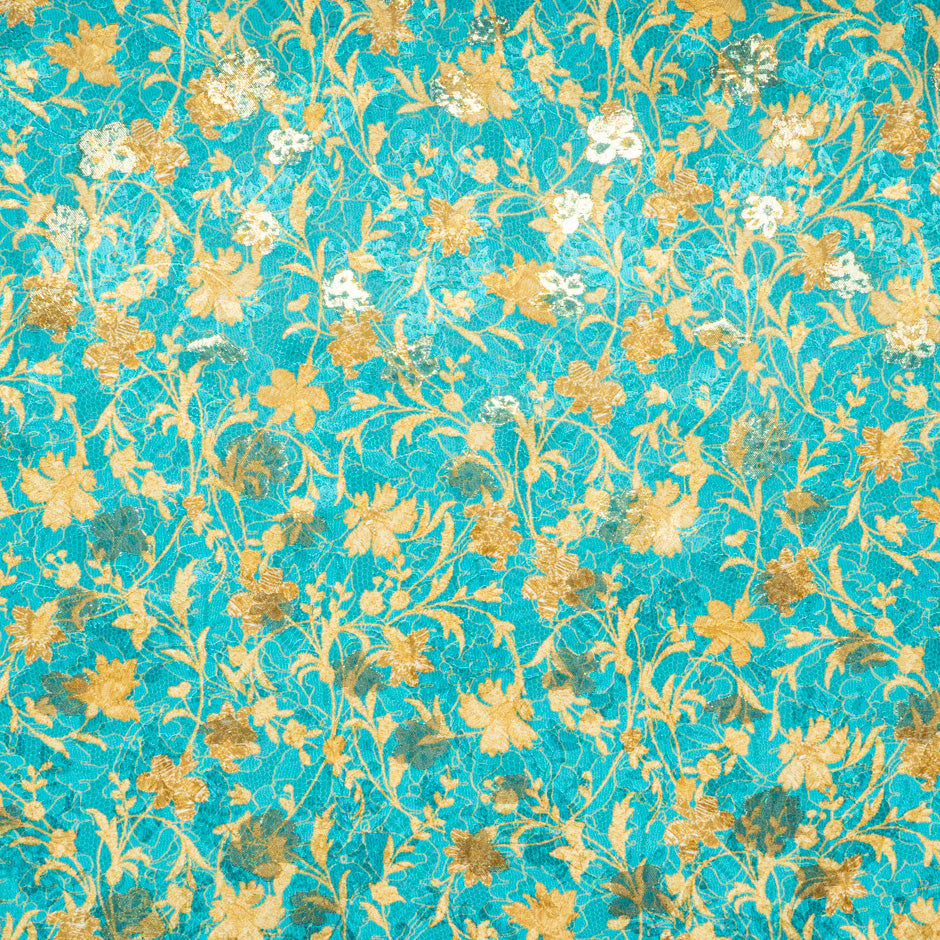 Yellow Floral & Lace Printed Turquoise Silk Metallic Jacquard (A 1.60m Piece)