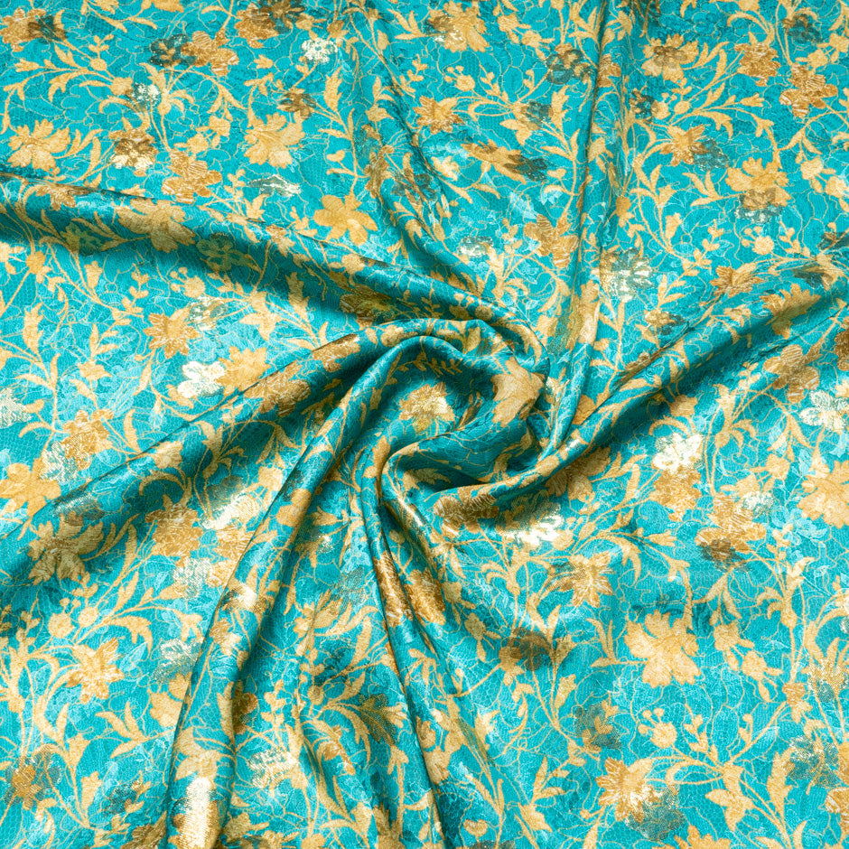 Yellow Floral & Lace Printed Turquoise Silk Metallic Jacquard (A 1.60m Piece)