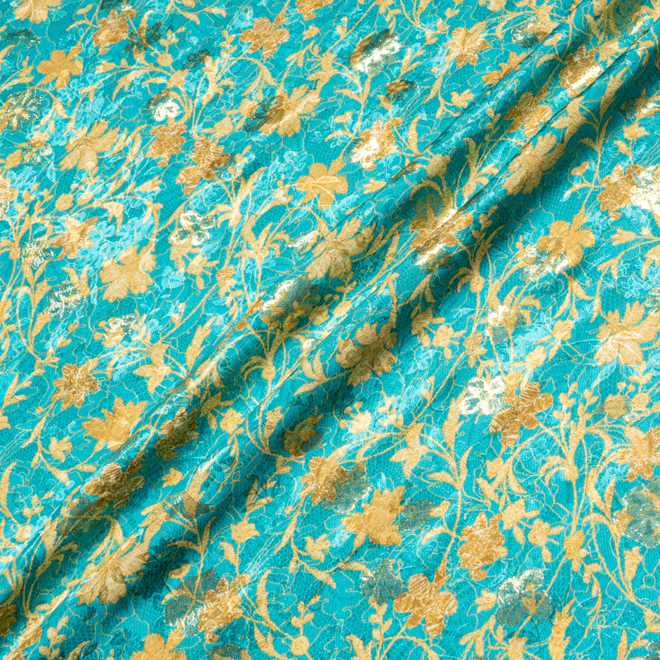 Yellow Floral & Lace Printed Turquoise Silk Metallic Jacquard (A 1.60m Piece)