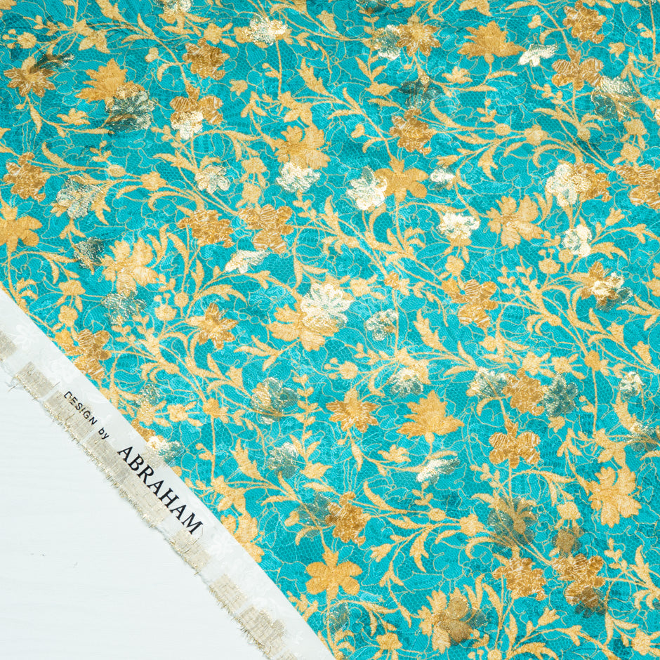 Yellow Floral & Lace Printed Turquoise Silk Metallic Jacquard (A 1.60m Piece)