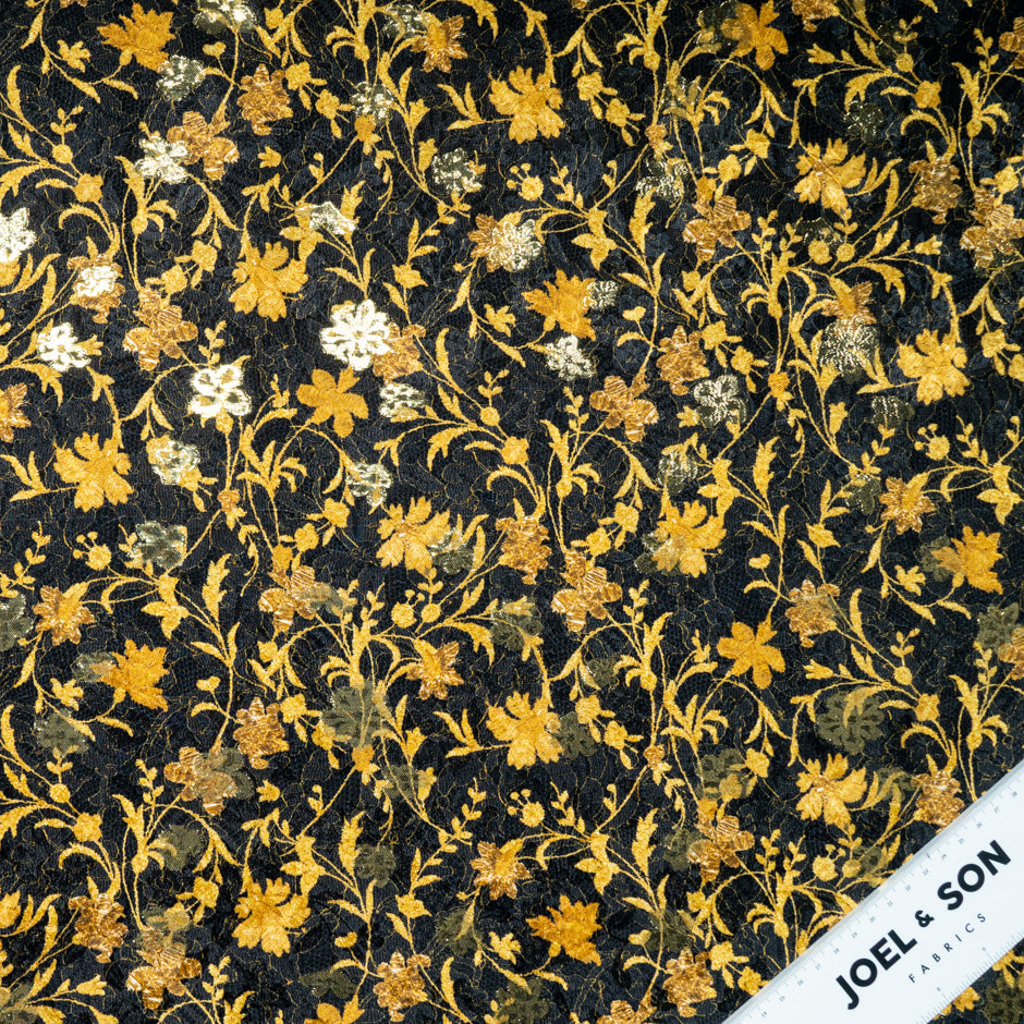 Small Gold Floral & Lace Printed Black Silk Metallic Jacquard