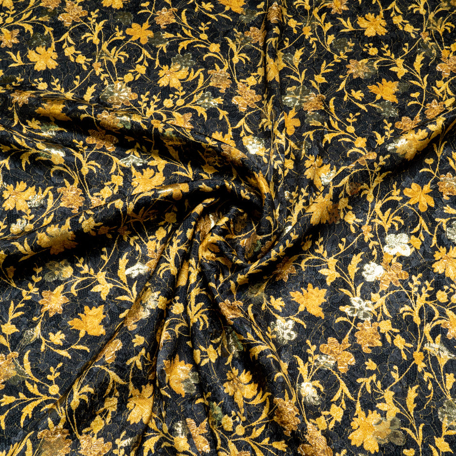Small Gold Floral & Lace Printed Black Silk Metallic Jacquard