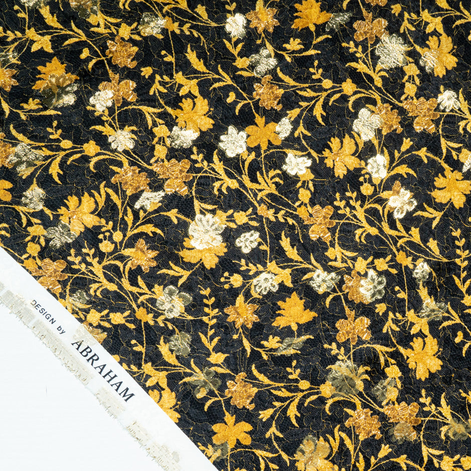 Small Gold Floral & Lace Printed Black Silk Metallic Jacquard