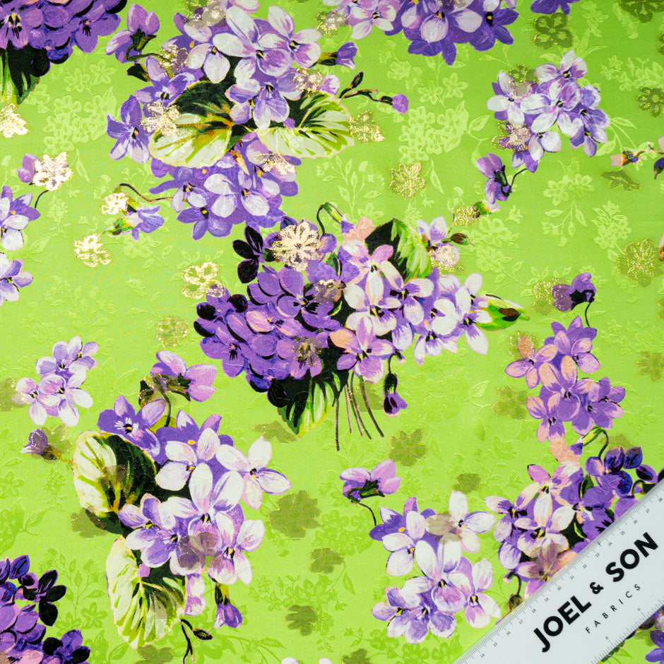 Purple Floral Printed Green Silk Metallic Jacquard