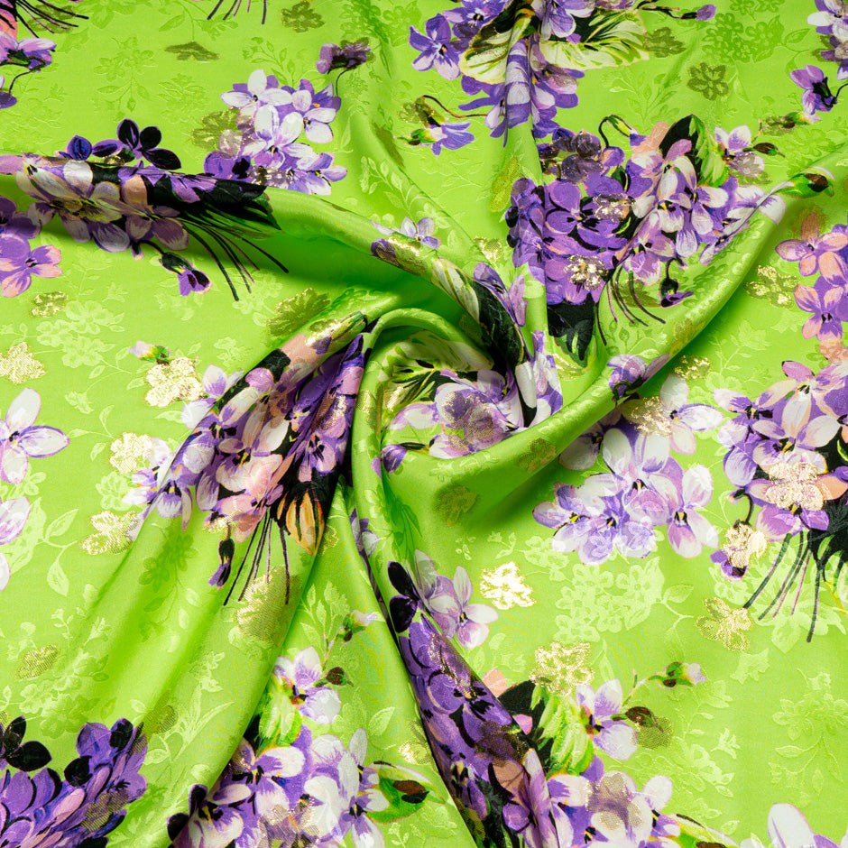 Purple Floral Printed Green Silk Metallic Jacquard