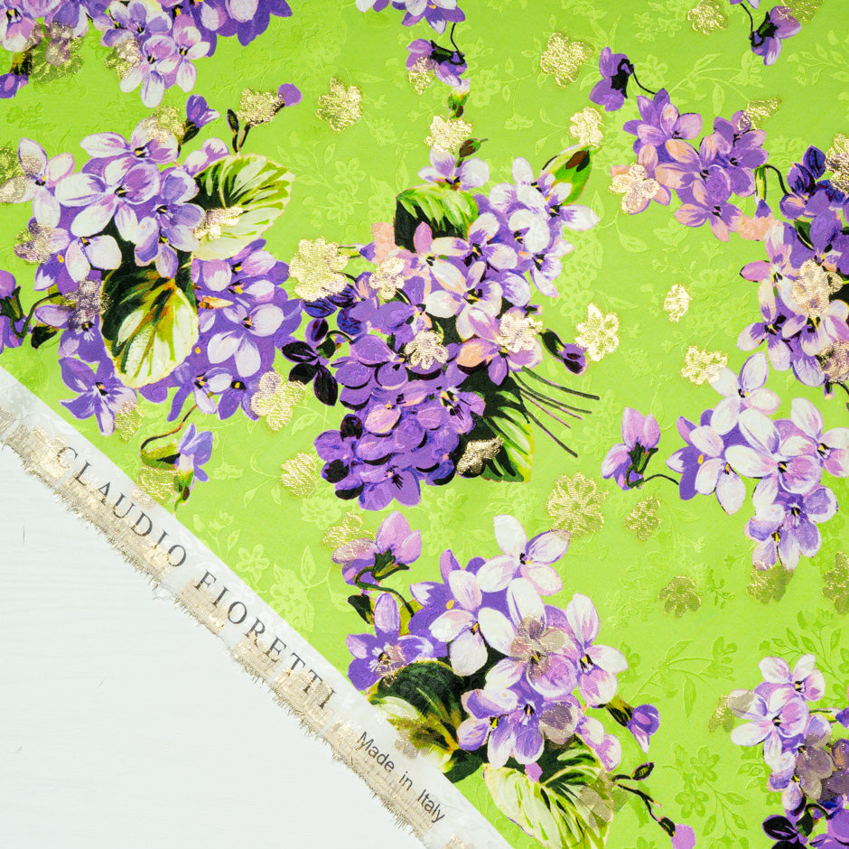Purple Floral Printed Green Silk Metallic Jacquard