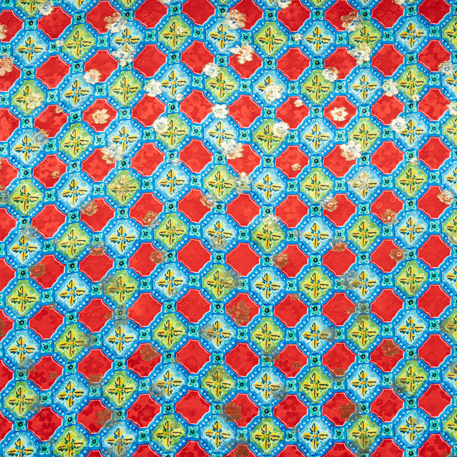 Red & Blue Tile Printed Gold Metallic Silk Jacquard