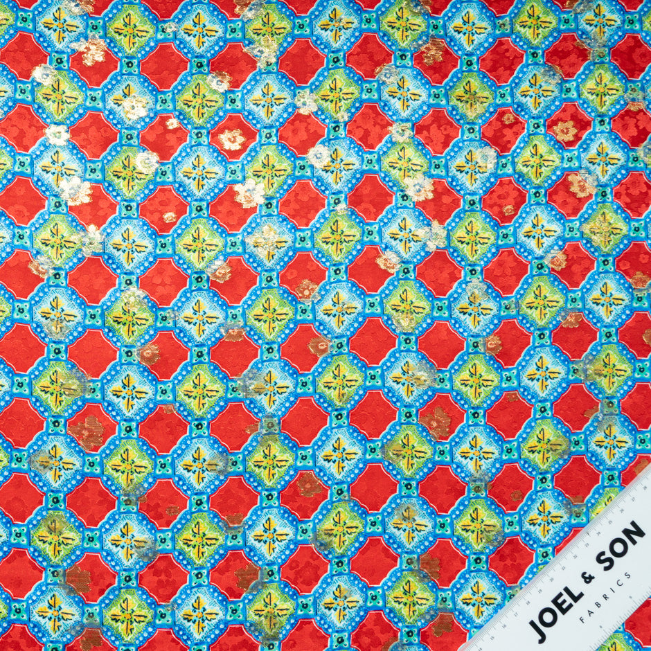 Red & Blue Tile Printed Gold Metallic Silk Jacquard