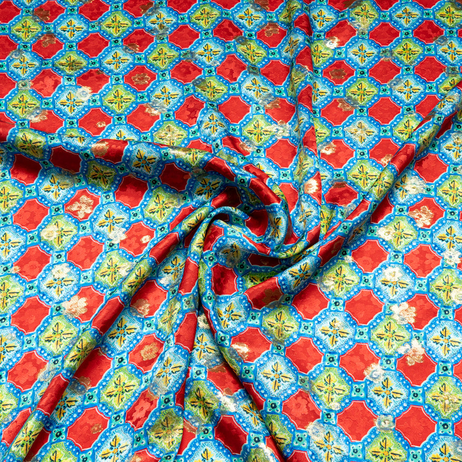 Red & Blue Tile Printed Gold Metallic Silk Jacquard