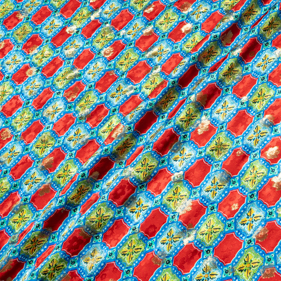 Red & Blue Tile Printed Gold Metallic Silk Jacquard