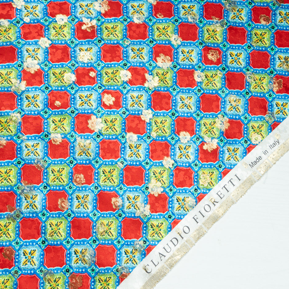 Red & Blue Tile Printed Gold Metallic Silk Jacquard