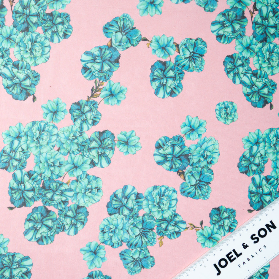 Teal Floral Printed Pink Pure Silk Georgette