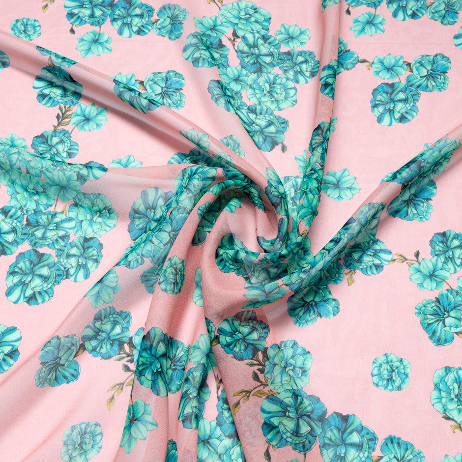 Teal Floral Printed Pink Pure Silk Georgette