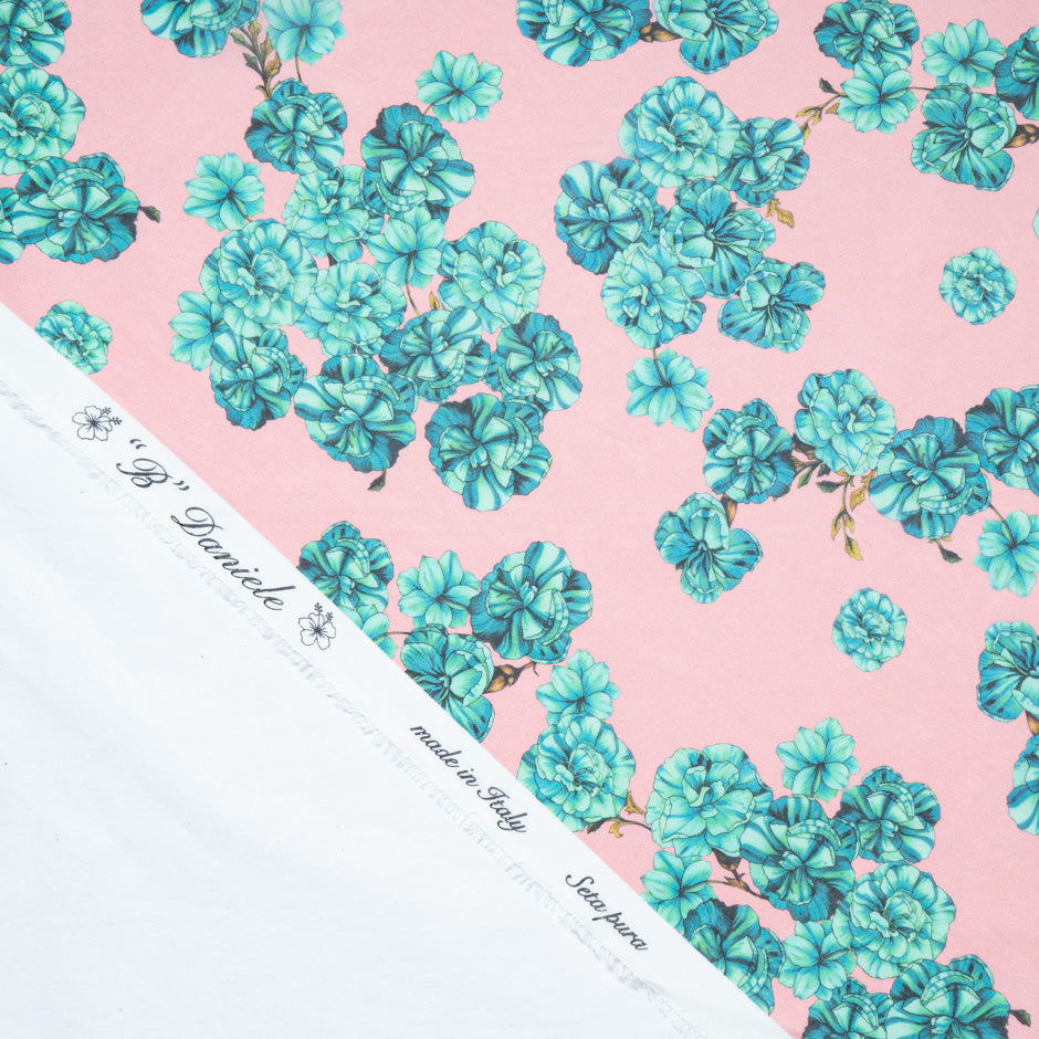 Teal Floral Printed Pink Pure Silk Georgette