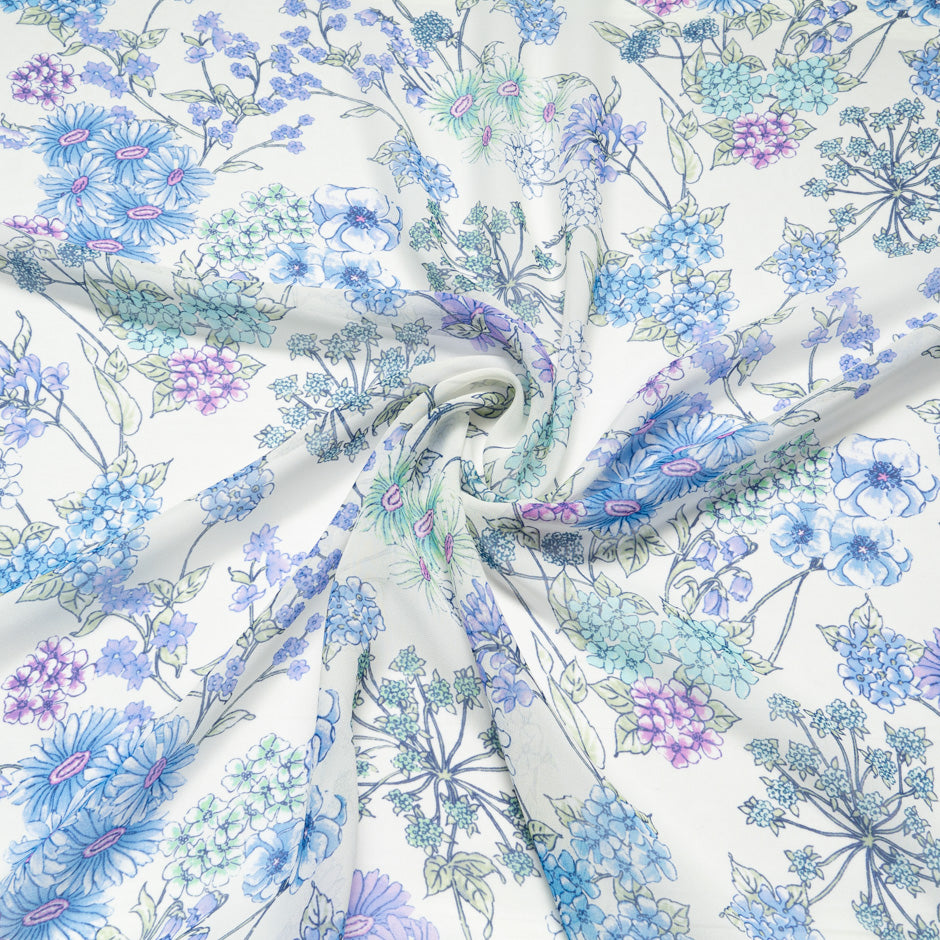 Blue & Lilac Floral Printed Pure Silk Georgette