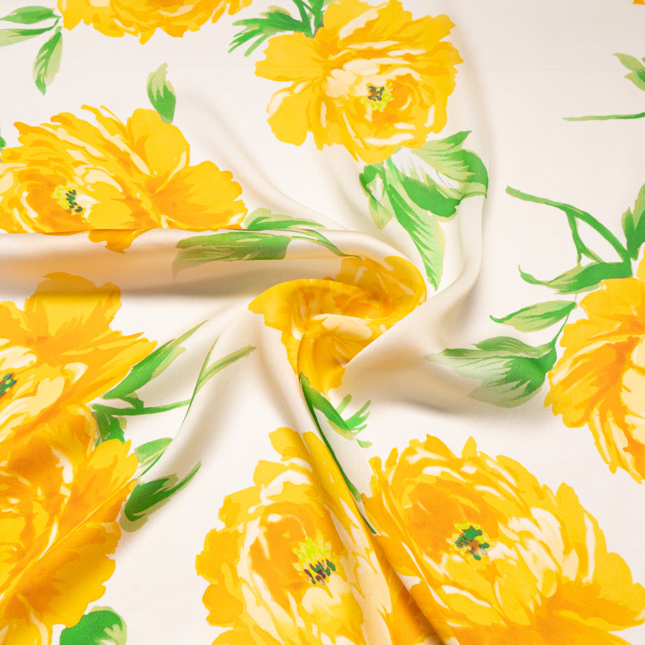 Yellow Rose Printed Satinised Silk Chiffon