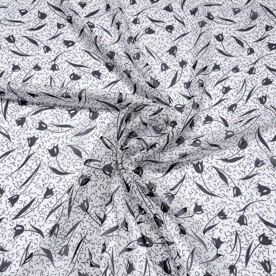 Black Tulip Printed White Pure Silk Georgette