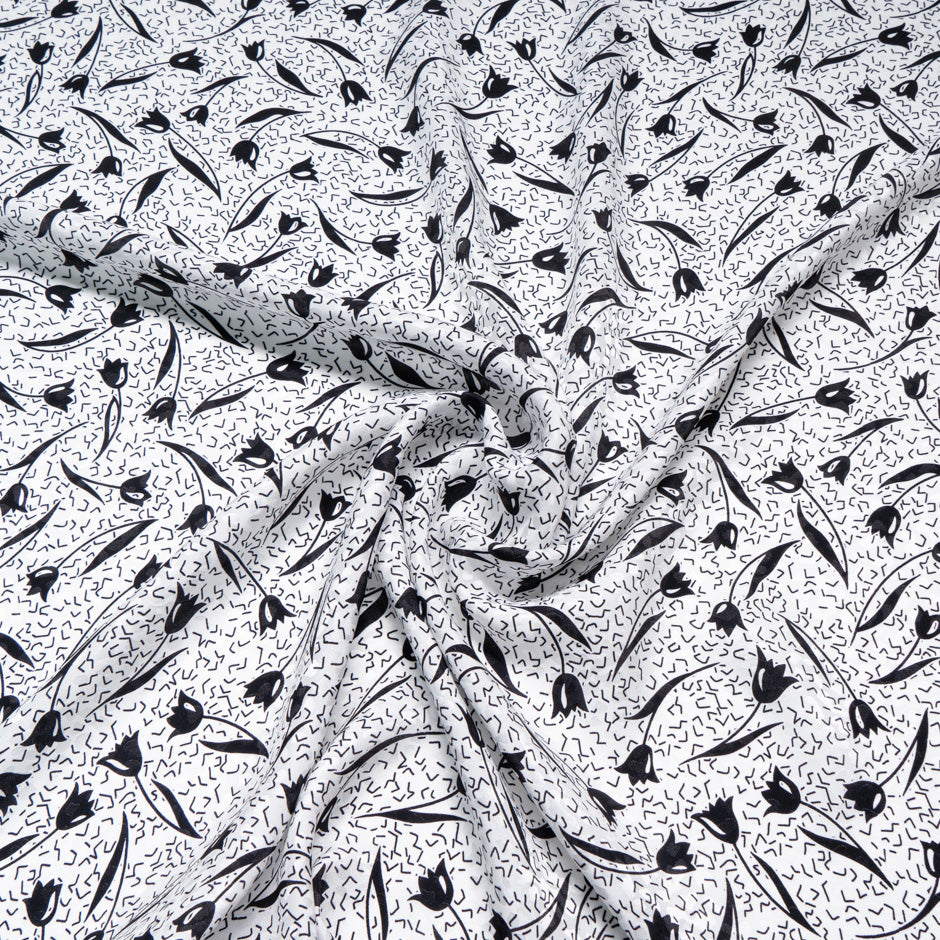 Black Tulip Printed White Pure Silk Jacquard