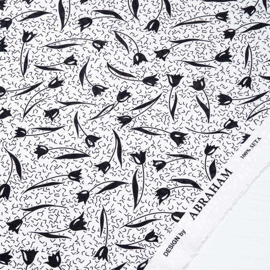 Black Tulip Printed White Pure Silk Jacquard