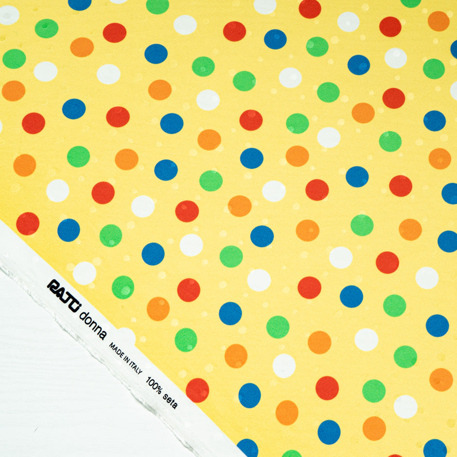 Multi-Coloured Spot Printed Yellow Silk Jacquard