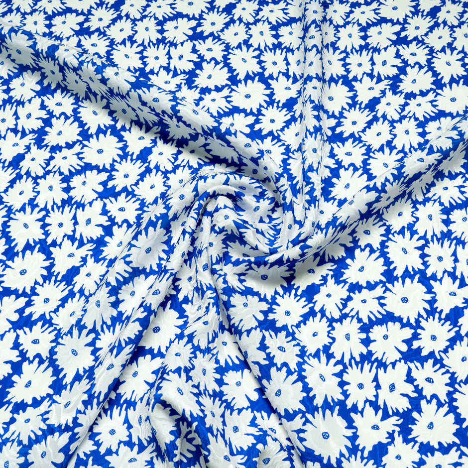White Floral Printed Royal Blue Pure Silk Jacquard