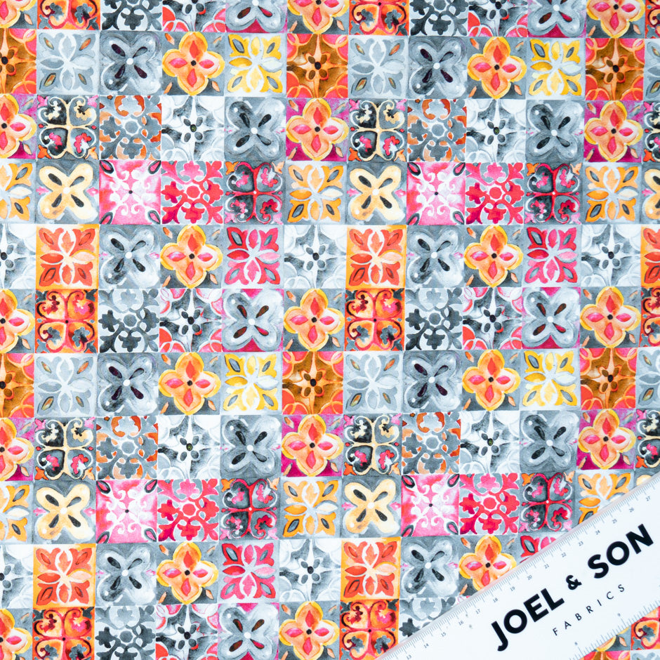 Pink, Grey & Orange Tile Printed Superfine Cotton