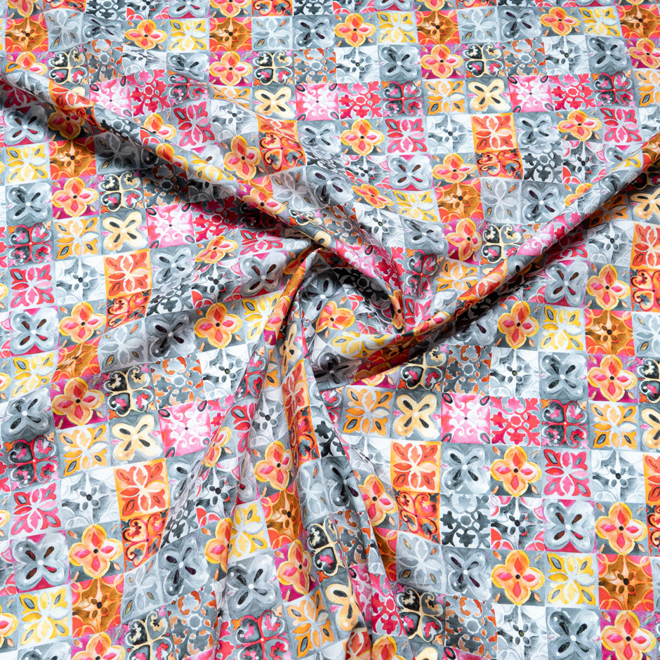 Pink, Grey & Orange Tile Printed Superfine Cotton