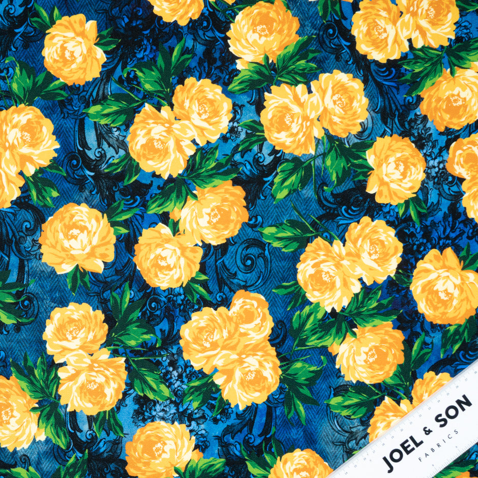 Yellow Rose Printed Blue Merino Wool