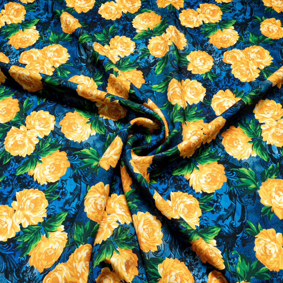 Yellow Rose Printed Blue Merino Wool