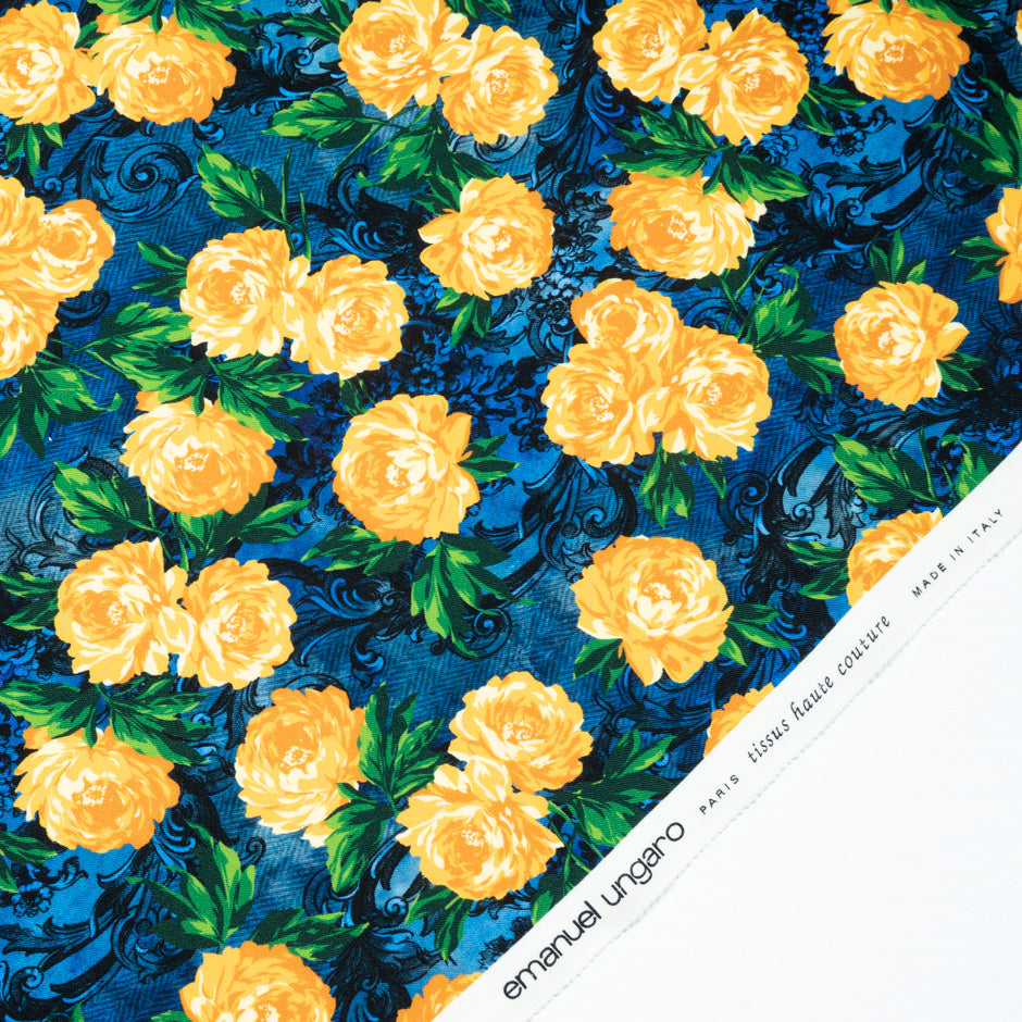 Yellow Rose Printed Blue Merino Wool