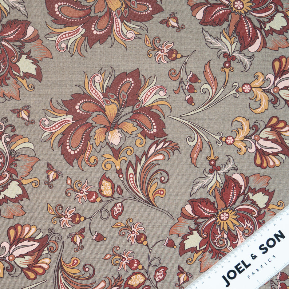 Rich Brown Floral Printed Stretch Wool