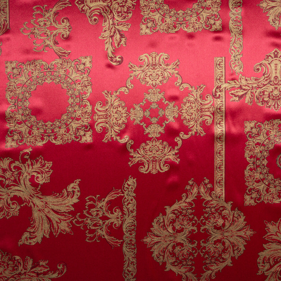 Gold Laminated Garnet Red Printed Silk (A 2.20m Piece)