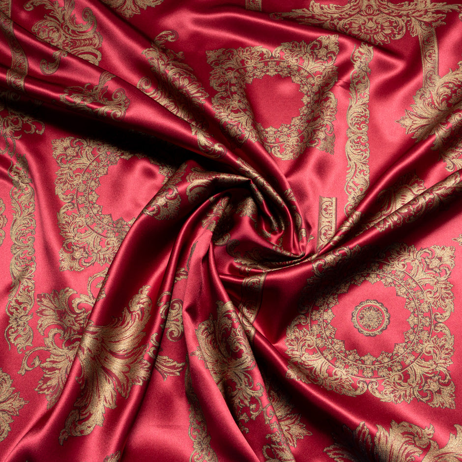 Gold Laminated Garnet Red Printed Silk (A 2.20m Piece)