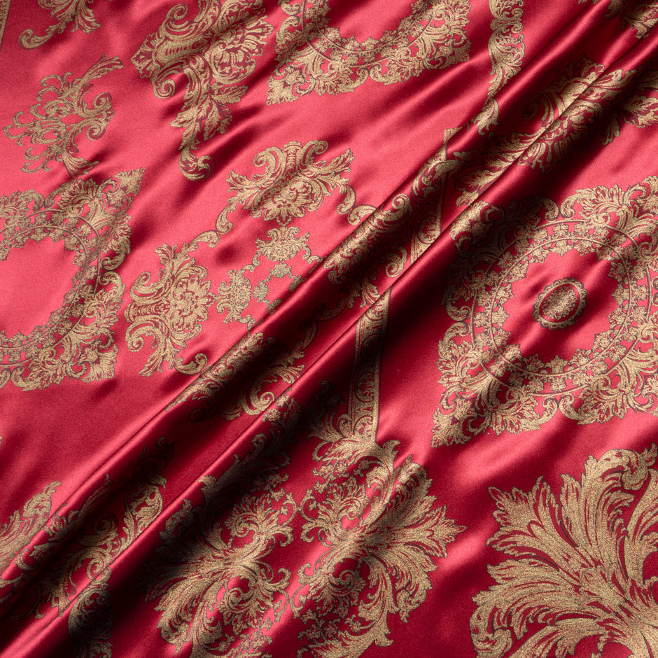 Gold Laminated Garnet Red Printed Silk (A 2.20m Piece)