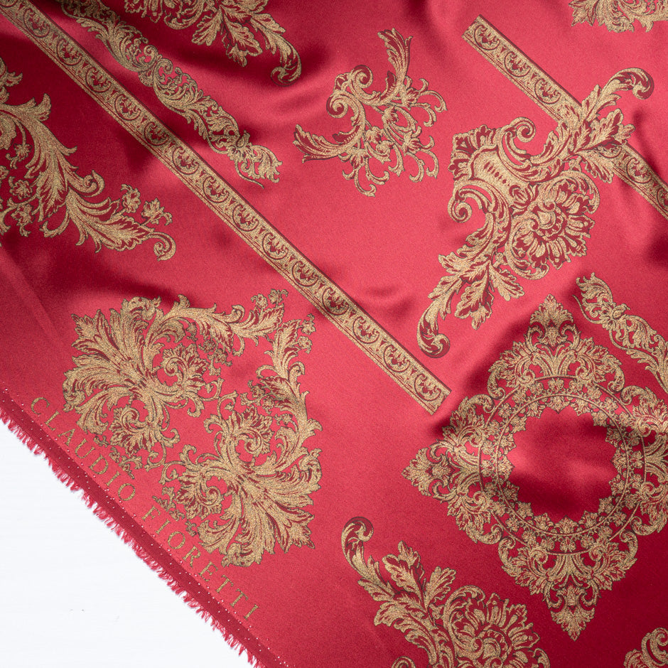 Gold Laminated Garnet Red Printed Silk (A 2.20m Piece)