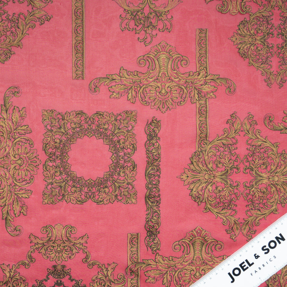 Deep Gold Printed Garnet Red Silk Georgette