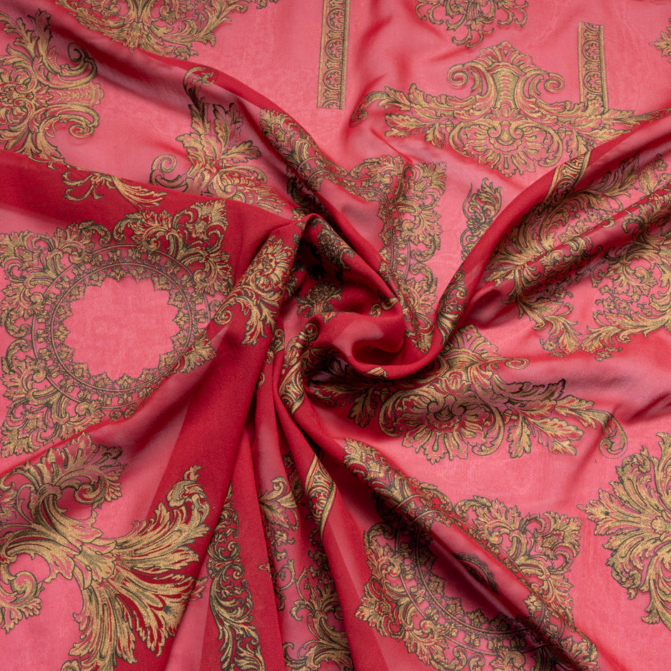 Deep Gold Printed Garnet Red Silk Georgette