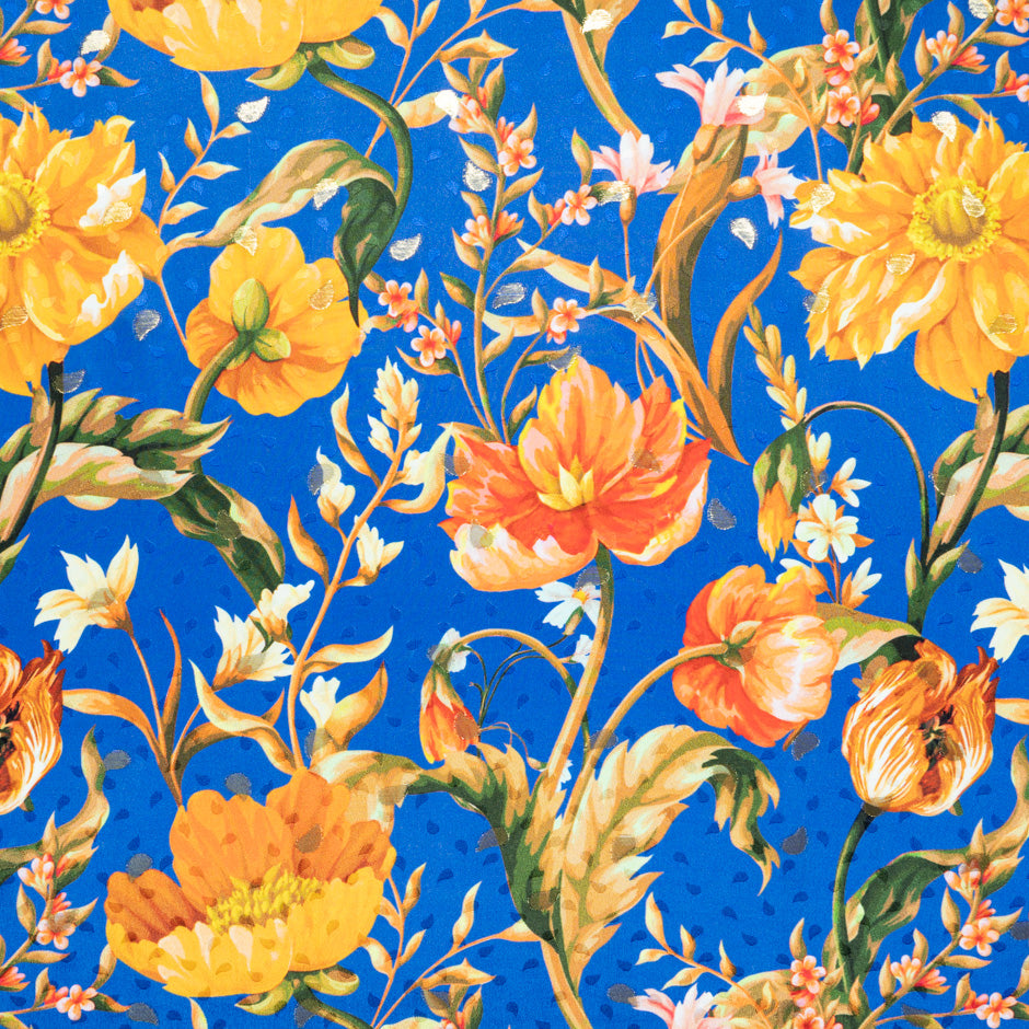 Orange Floral Printed Royal Blue Silk Jacquard