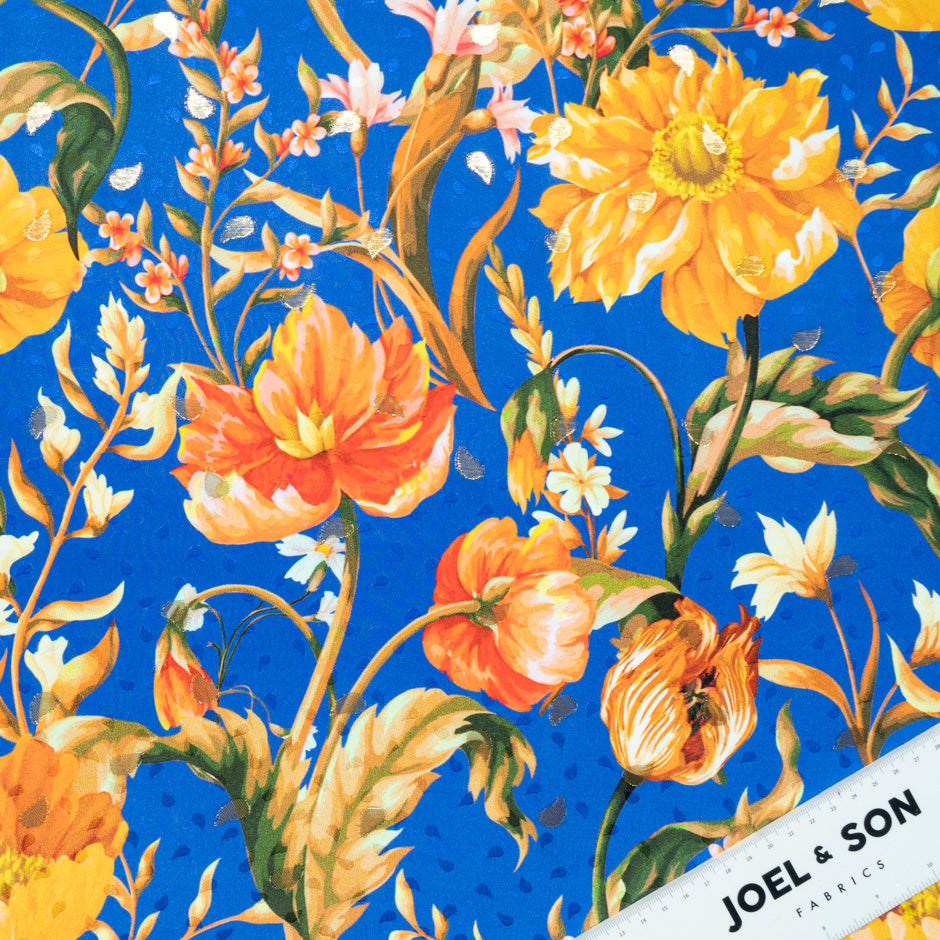 Orange Floral Printed Royal Blue Silk Jacquard