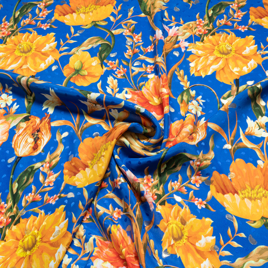 Orange Floral Printed Royal Blue Silk Jacquard