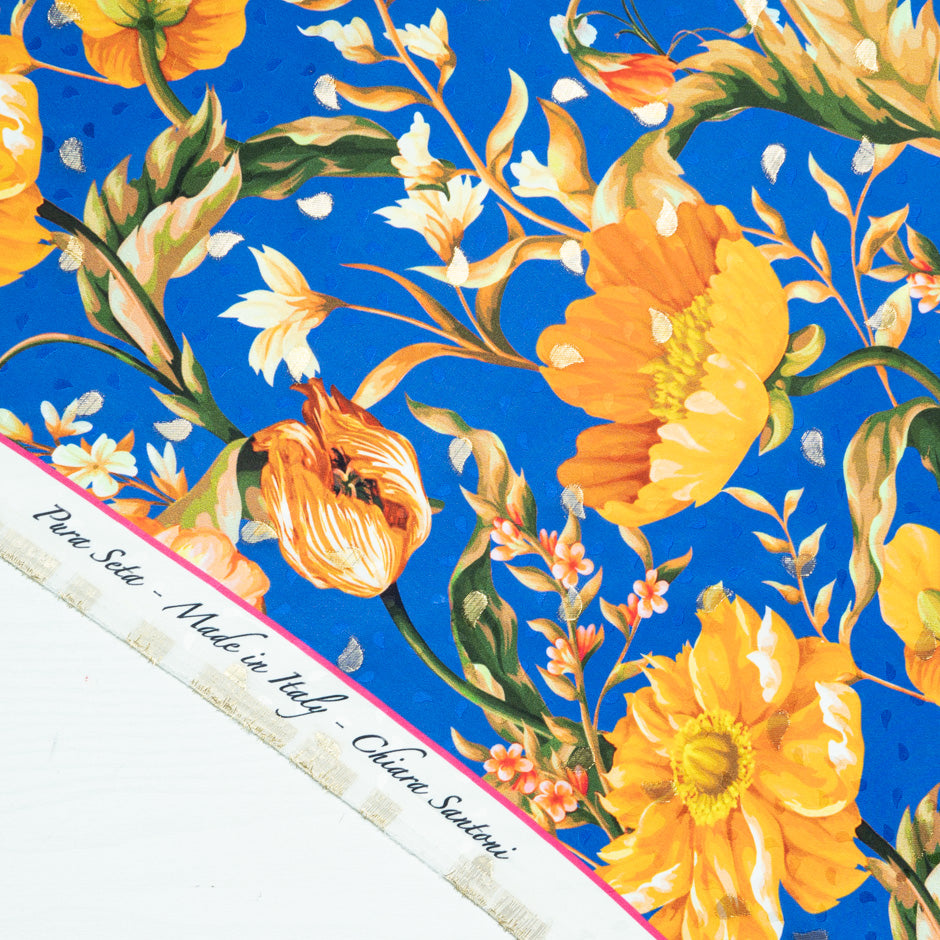 Orange Floral Printed Royal Blue Silk Jacquard