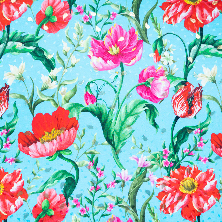 Fuchsia Floral Printed Sky Blue Silk Jacquard