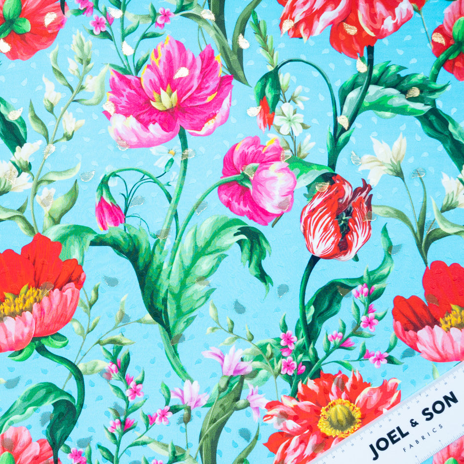 Fuchsia Floral Printed Sky Blue Silk Jacquard