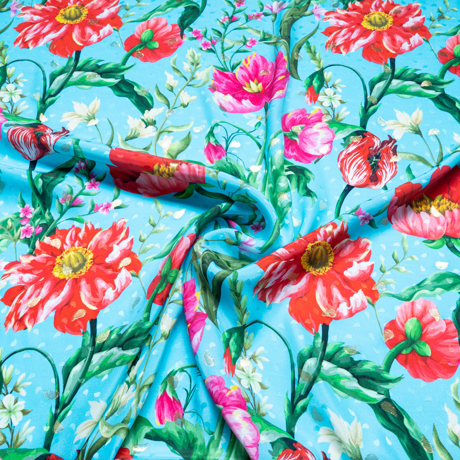 Fuchsia Floral Printed Sky Blue Silk Jacquard